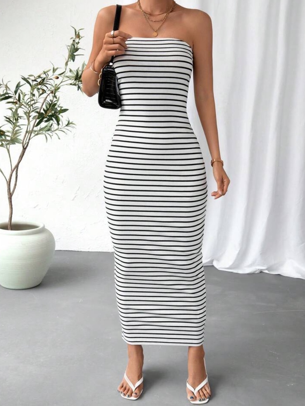 Strapless Black & White Striped Tube Midi Dress